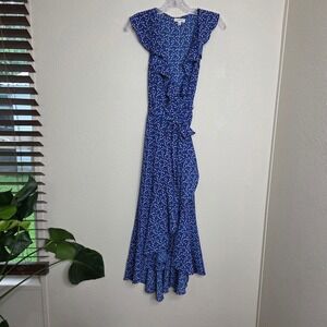MAX STUDIO Blue Floral Print Ruffle Wrap Maxi‎ Dress Size Small